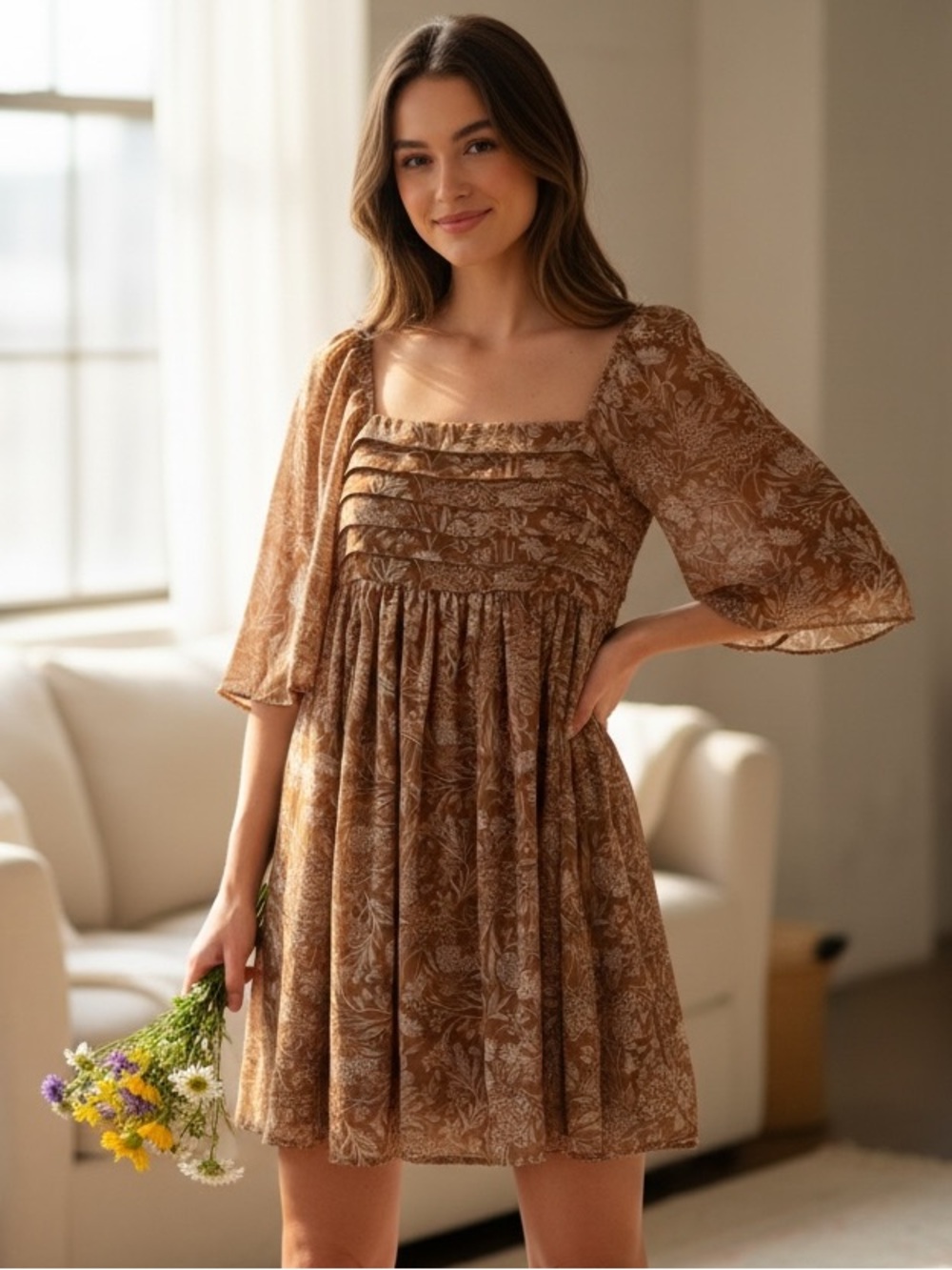 NEW without Tag - Wallflower Women's Brown Floral Square-Neck Babydoll Dress